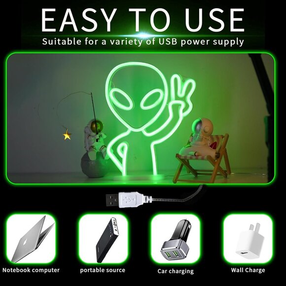 Green Alien Neon Sign LED Wall Light USB Battery for Game Room Party Decor - Picture 7 of 9